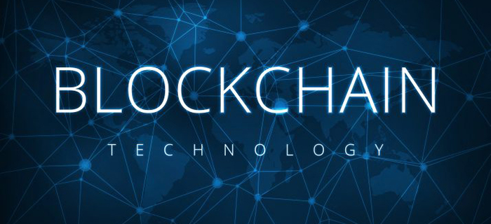 Blockchain technology written in white on a blue futuristic background