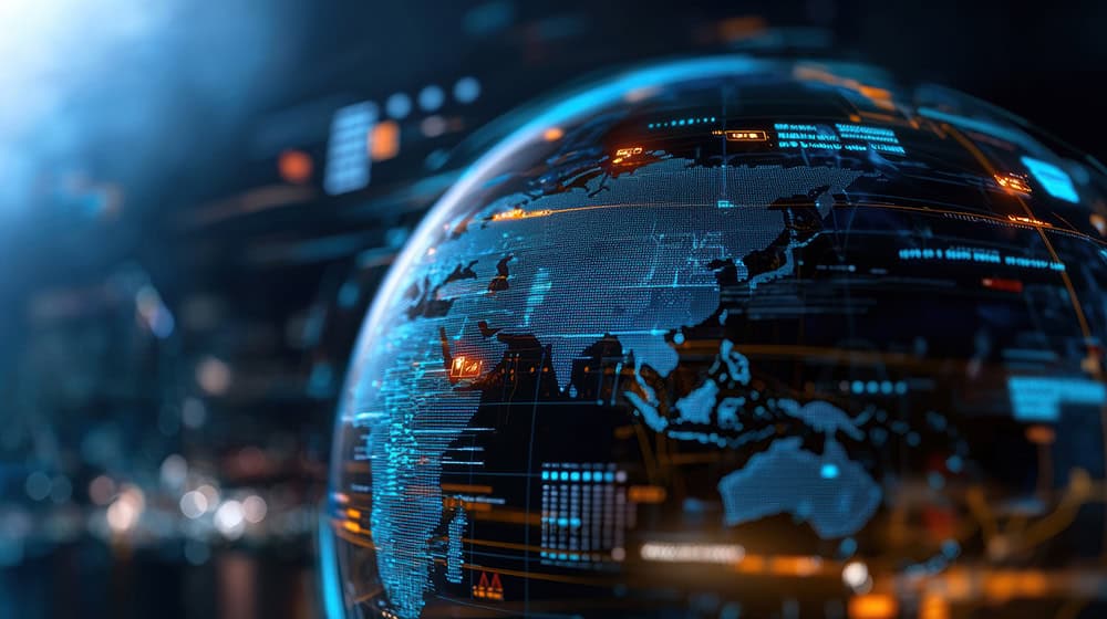 Futuristic globe with digital data overlay, highlighting Asia and surrounding regions with glowing lines and patterns.