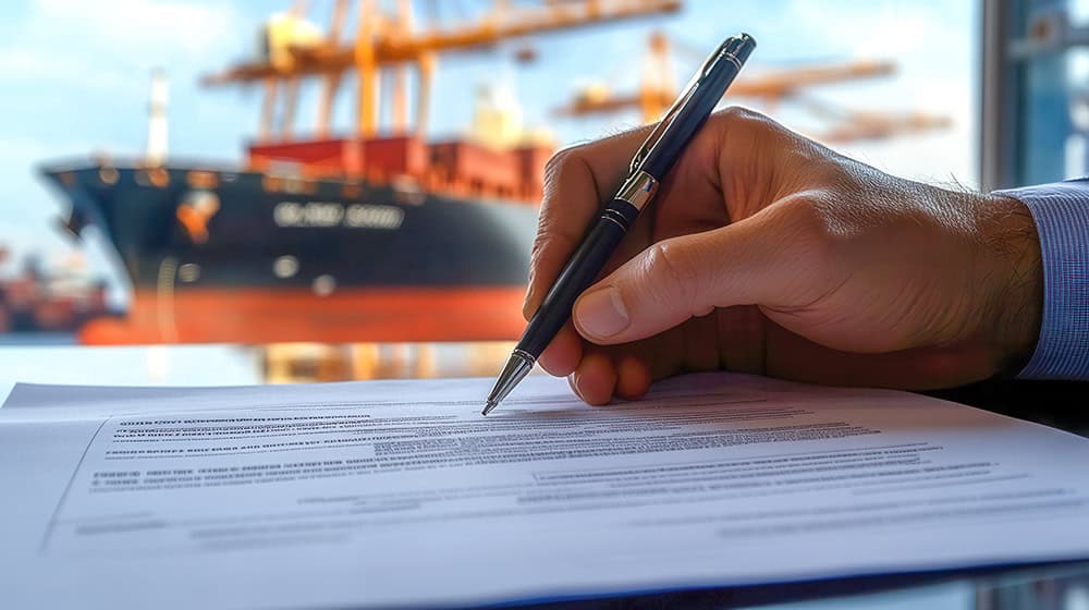 A person signs a document with a pen at a desk, with a cargo ship and cranes visible in the background through a window.