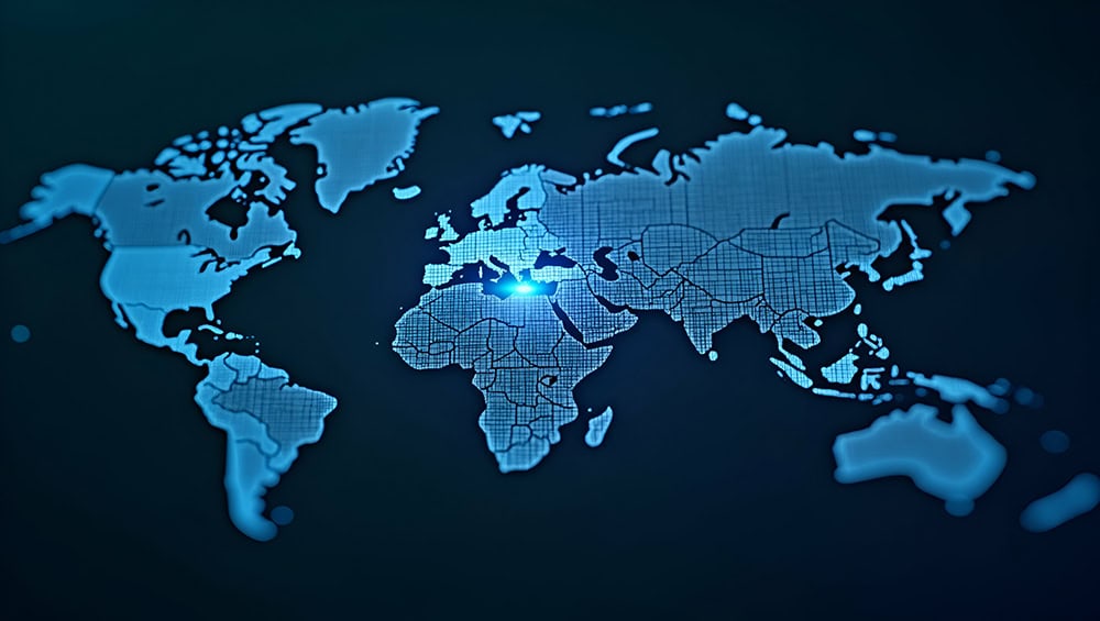 A digital world map with a glowing blue highlight centered on Europe, specifically the area around Switzerland, Italy, and Austria—illustrating the impact of reciprocal tariff policies in the region.
