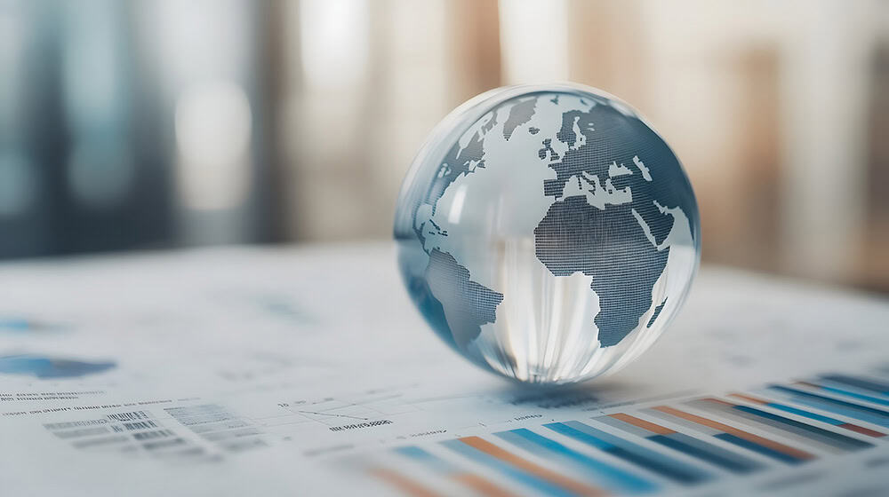 A glass globe showing Europe and Africa sits on a paper with bar charts and data visualizations in a blurred office setting.
