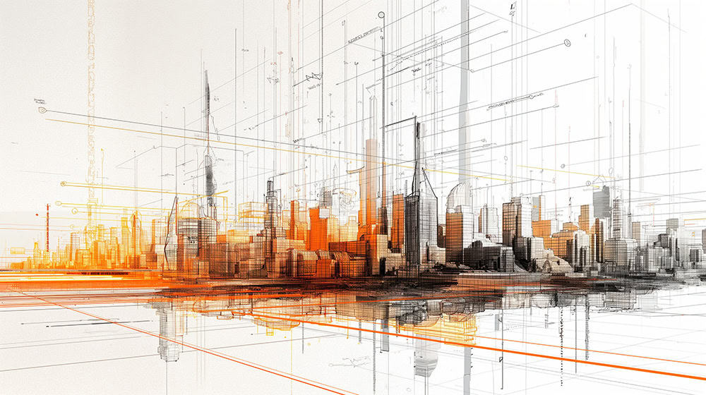 Abstract illustration of a modern city skyline with orange and black lines, geometric shapes, and digital grid elements suggesting technology and urban development.