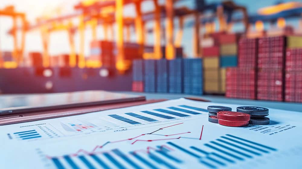 A table with financial charts, documents, and stacked coins in the foreground, with blurred shipping containers and cranes in the background.