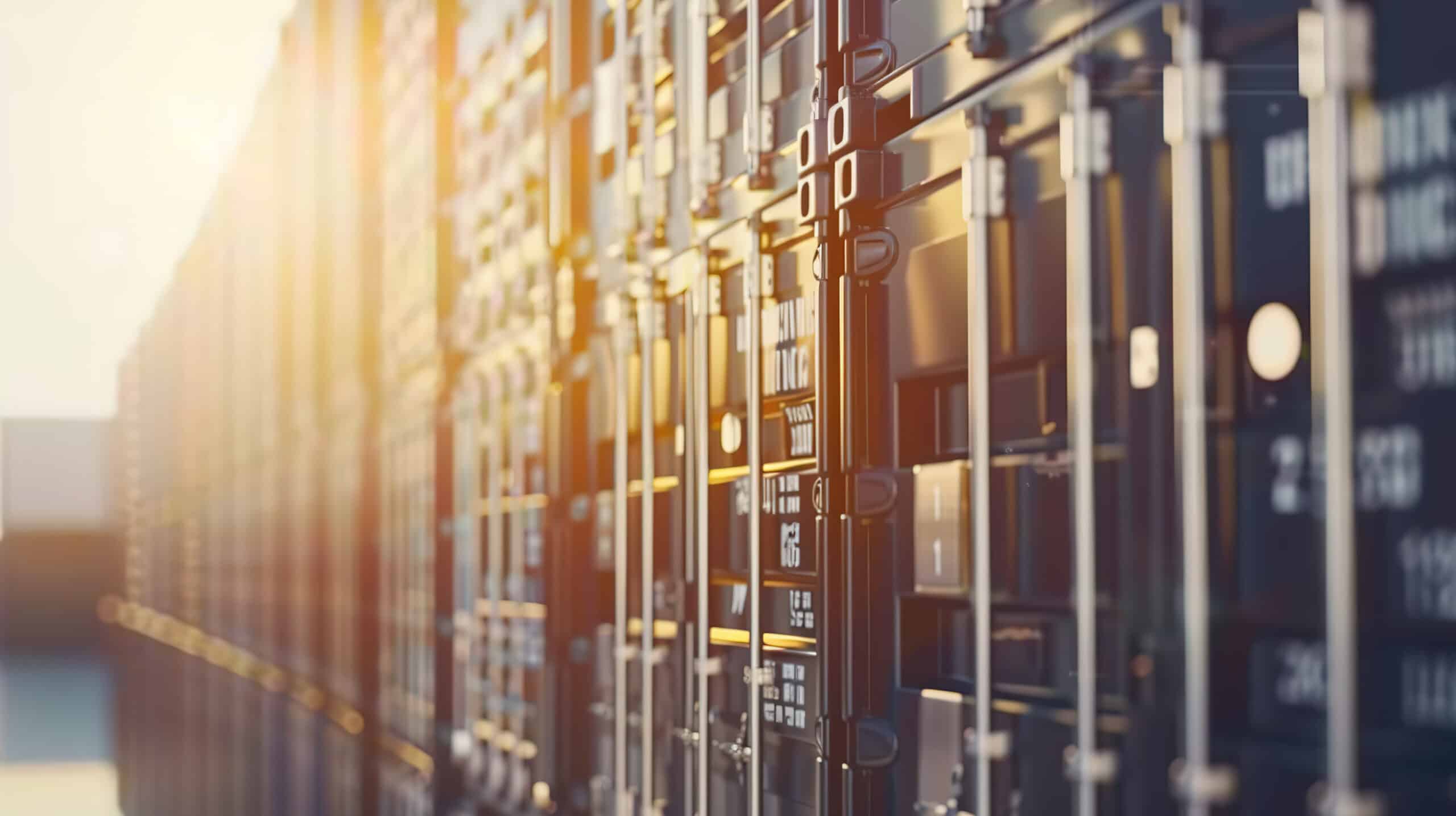 Rows of shipping containers are stacked side by side in an outdoor storage area, illuminated by sunlight.