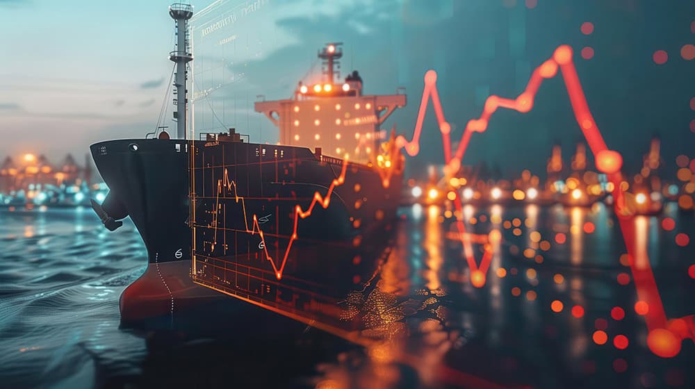 A cargo ship on water with overlaid financial graphs and data, suggesting the relationship between shipping and economic trends.